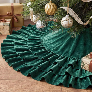 48 Inch Green Velvet Christmas Tree Skirts Ruffled Tree Skirt
