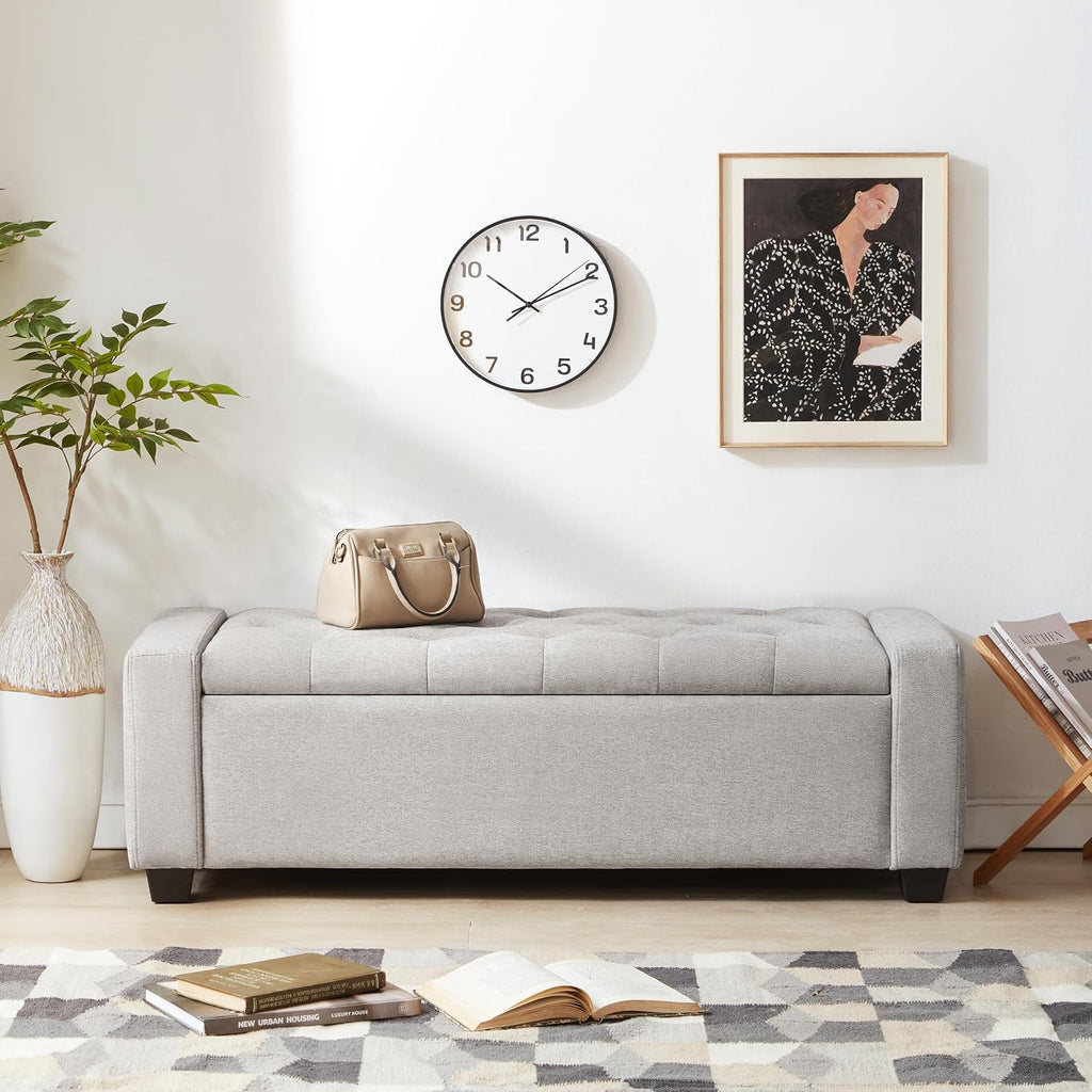 48" Ottoman with Storage, Light Gray Storage Ottoman Bench | Upholstered Entryway Bench with Seating , with Safety