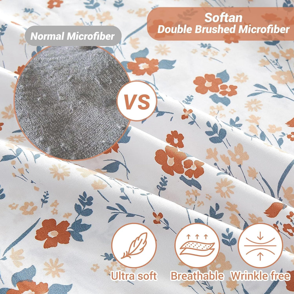 Floral Sheet Set Orange Flower Printed Bed Sheets - 4 Piece Soft Microfiber Patterned Fitted Sheets with 15"