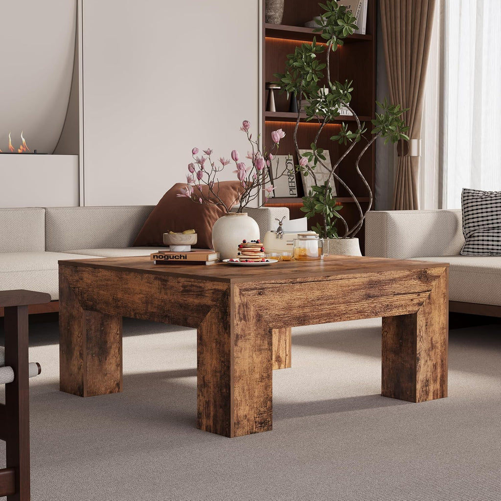 Wooden Square Coffee Table,35.5 inch Farmhouse Low Cocktail with Thick Base (Rustic Brown)