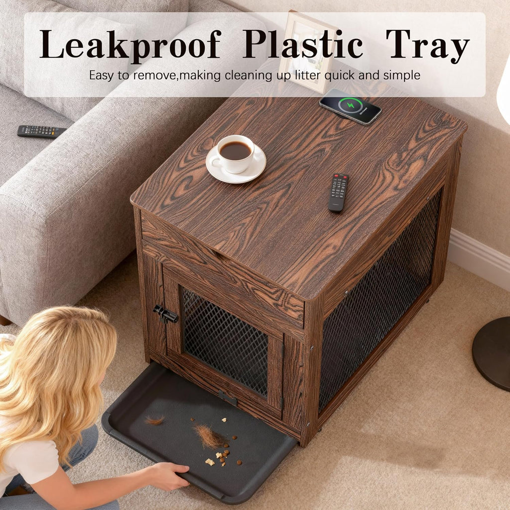 Dog Crate Furniture,Wooden Dog Crate End Table with Storage Drawer&Cushion&Tray