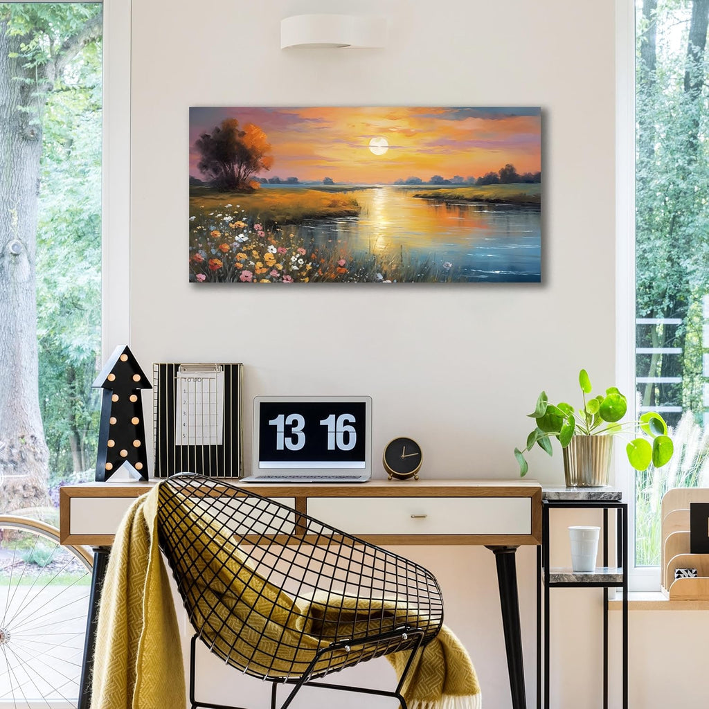 Orange Yellow Sunset Lake Landscape Canvas Wall Art with Vibrant Colorful Wildflowers & Distant Mountain, Serene