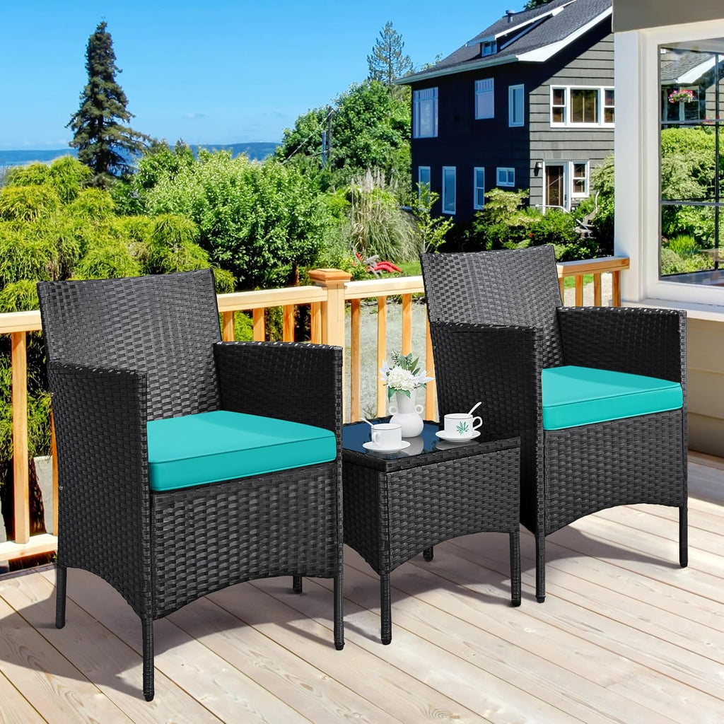 3 Pieces Patio Porch Furniture Set, Outdoor PE Rattan Wicker Conversation Set with Soft Cushions