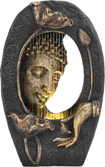 Water Fountain Indoor with LED Light and Pump Decor,Floor Buddha Statue Resin with Waterfalls,Tall Zen Garden Statues
