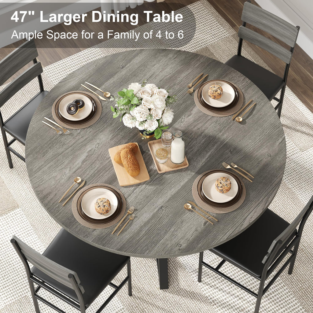 47" Round Dining Table for 4, Kitchen Tables Dining Room Circle Dinner Table with Pedestal Metal Frame, Space Saving