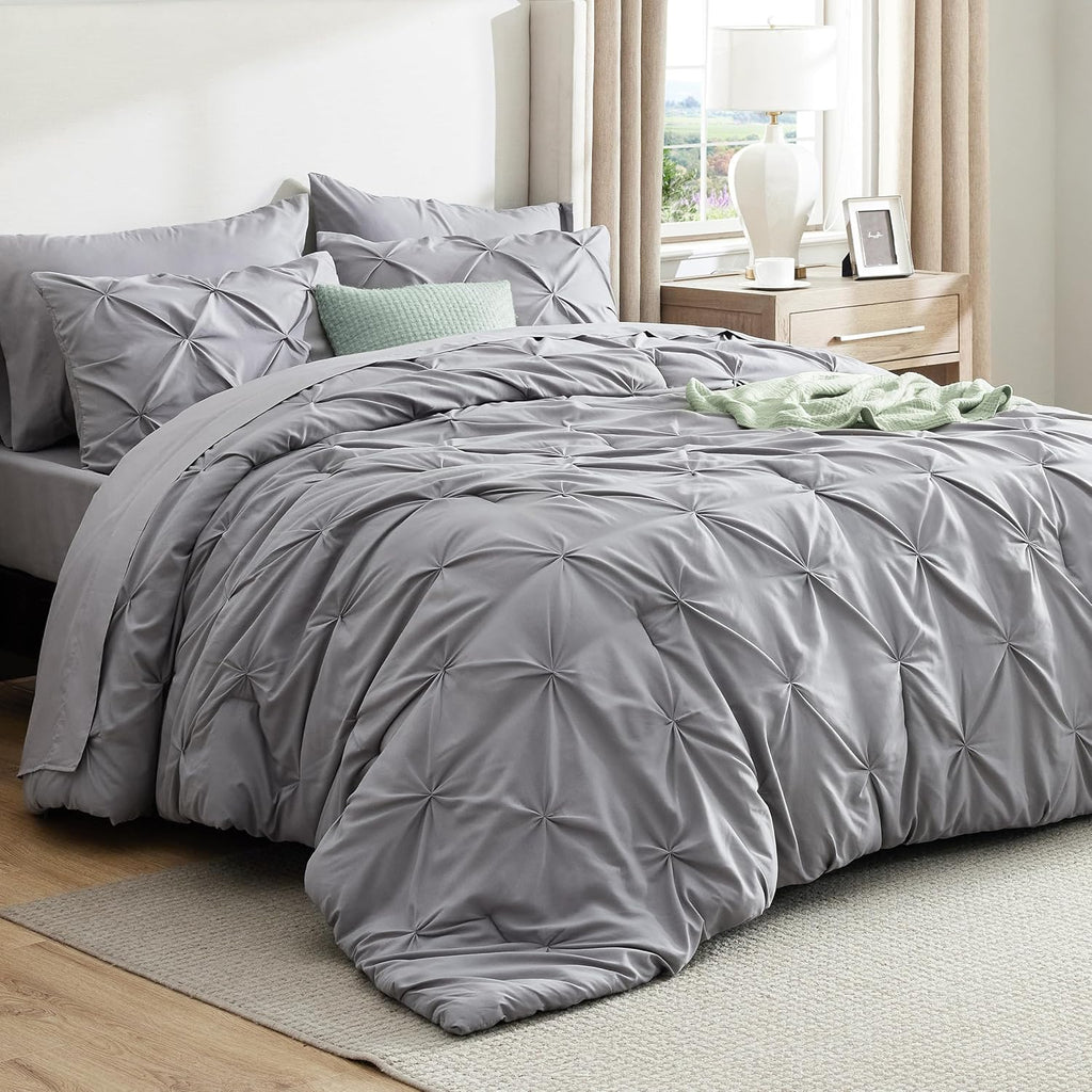 Queen Comforter Set Grey - Bed in a Bag Queen Bedding 7 Pieces, GentleSoft Pintuck Bed Set Gift for Family