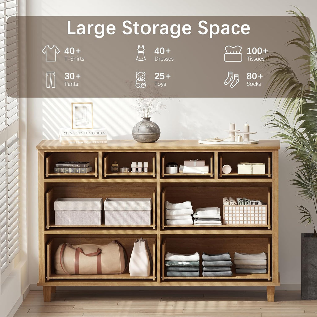 Dresser 8 Drawer Wood Dresser 56.3" Wide, Large Storage Chest of Drawers , Modern TV Stand Drawer Organizer, Natural