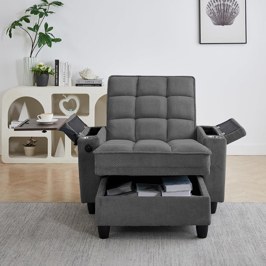Convertible Chaise Lounge Sleeper Chair with Storage and 6-Position Reclining Backrest,Modern Tufted Recliner Lounge