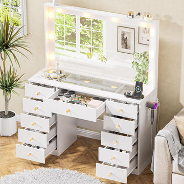 Vanity with Large Mirror and 10 LED Lights, Vanity Desk with Glasstop, 11 Drawers with Crystal Handles, Dressing