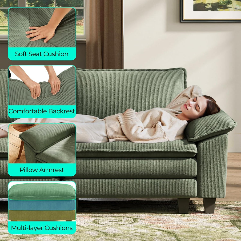 HOME 123'' Modular Sectional Sofa Green Couch Corduroy Cloud Couches for Living Room