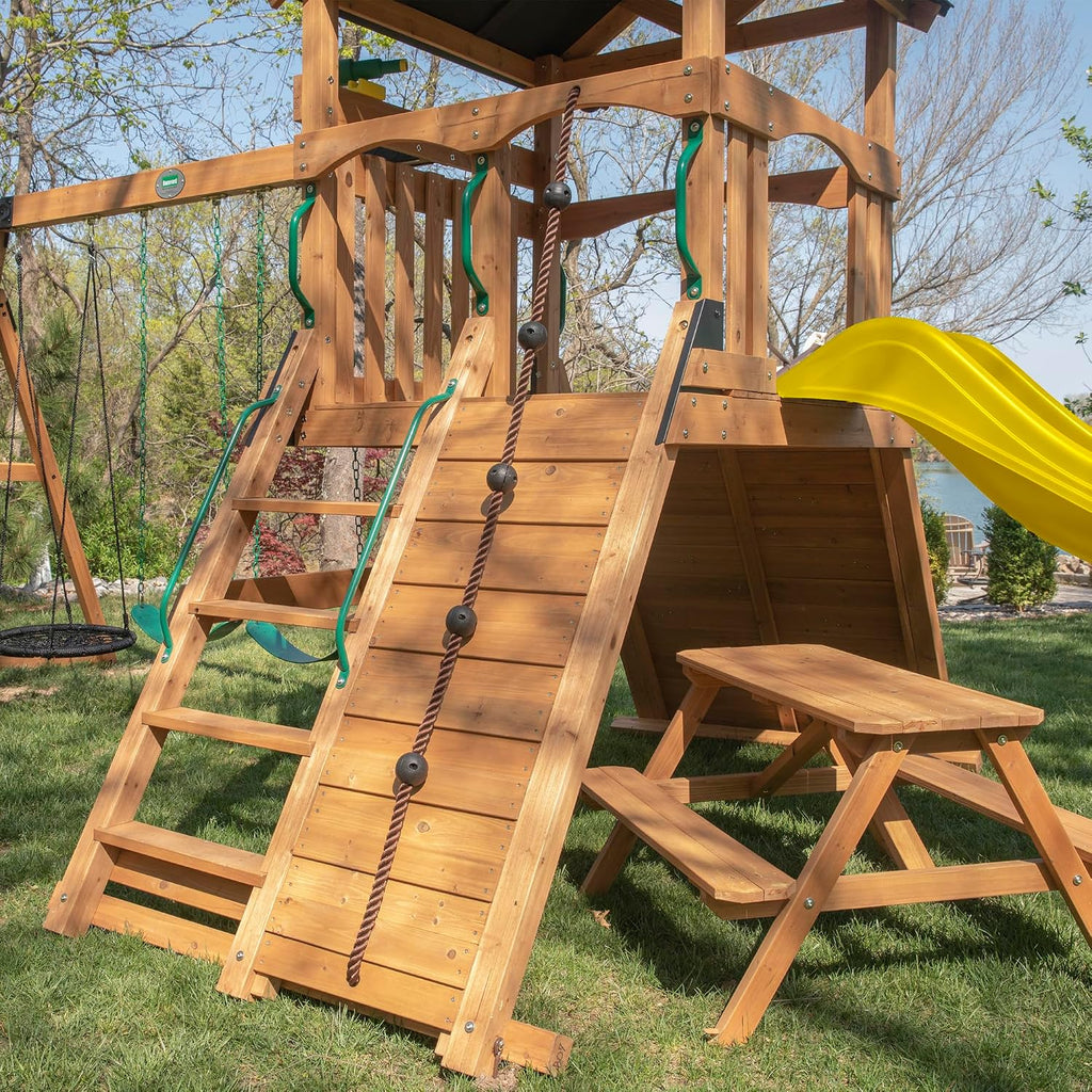 Endeavor II Cedar Wood Swing Set with Wave Slide, Play Deck, Double Rock Wall, Picnic Table, Climbing Wall, Belt