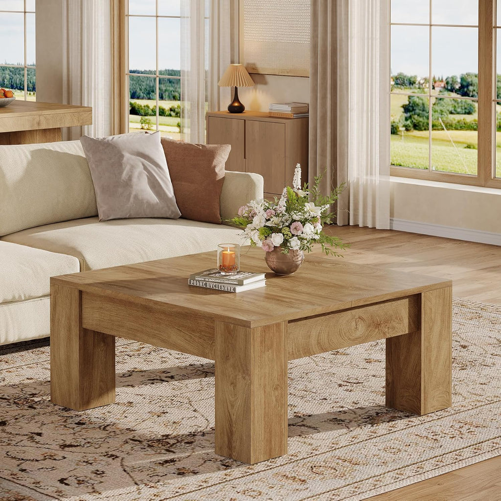 Farmhouse Square Coffee Table, 39-Inch Wooden Coffee Table with Sturdy Legs, Rustic Accent Center Table, Easy Assembly