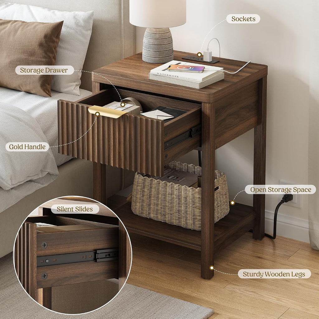 Night Stand Set 2, Fluted Nightstand with Charging Station, Wood Modern Bedside End Table with Storage Drawer , Save