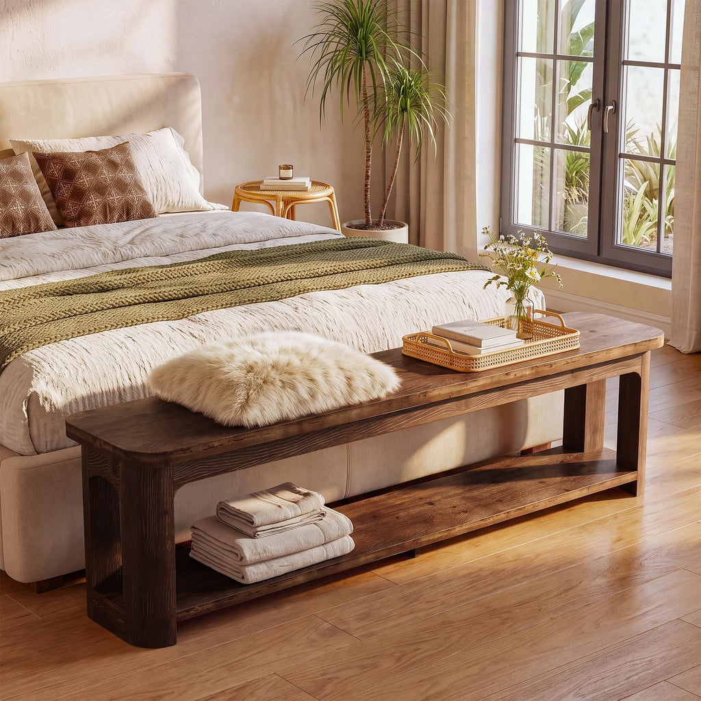 71" Solid Wood Beach with Storage, Farmhouse Entryway Shoe Bench