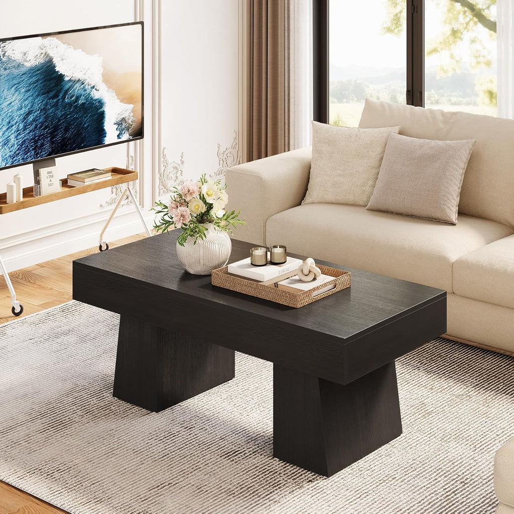 Farmhouse Coffee Table, 47 Inches Wooden Rectangular Accent Center Tables with Thick Base