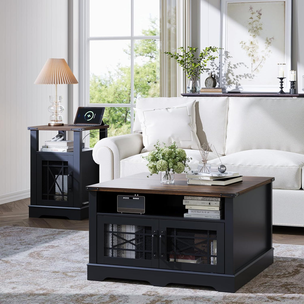 Square Coffee Table, Farmhouse Coffee Tables, Wood Coffee Table with Storage