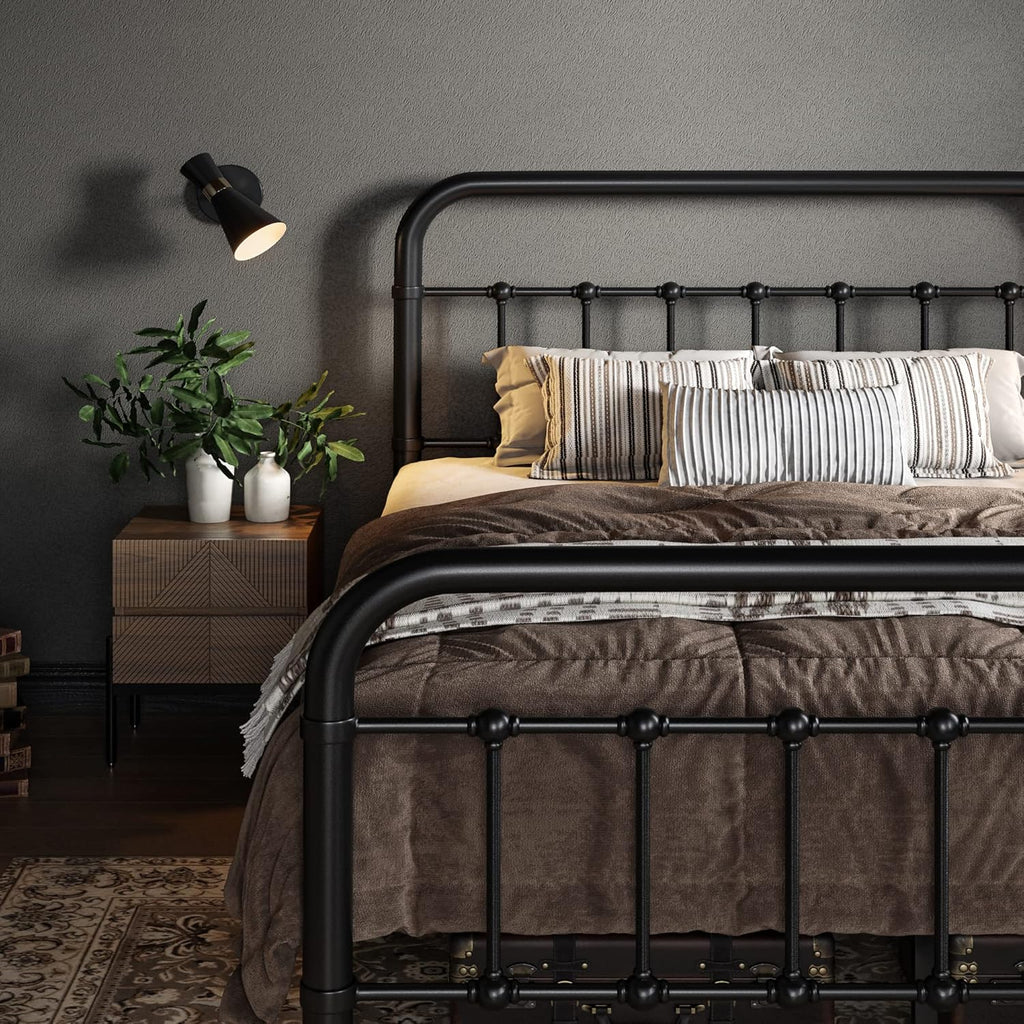 Full Metal Platform Bed Frame with Victorian Style Wrought Iron-Art Headboard/Footboard, No Box Spring Required, Black