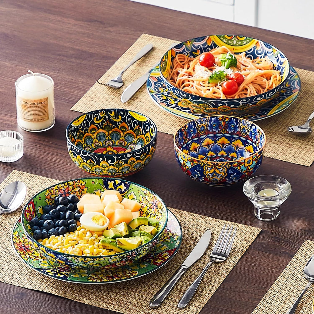 Pasta Bowls Set of 4, 42oz Ceramic Serving Bowls,Boho Pasta Plates | Large Shallow Bowls for Pasta, Salad, Soup, 42