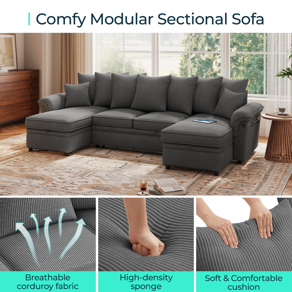 Sectional Couch with Pull Out Bed, Large Corduroy Modular Sleeper Sofa, Storage Chaise, Wide Armrest, 118" 4 Seats