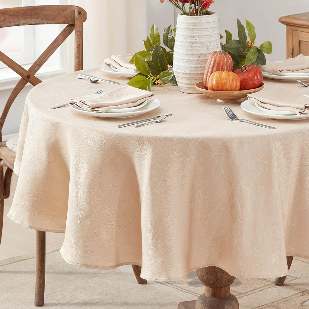 Taupe Tremont Leaf Damask Round Fabric Spring Lodge Tablecloth, 70 Inch, Elegant Holiday Swirling Le