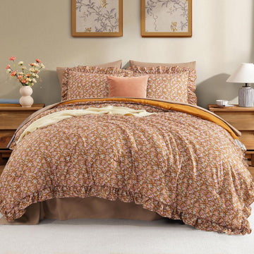 Comforter Set - 7 Pieces Ruffle Brown Bedding Sets, Shabby Chic Farmhouse Bed in a Bag with Ruffle Comforter