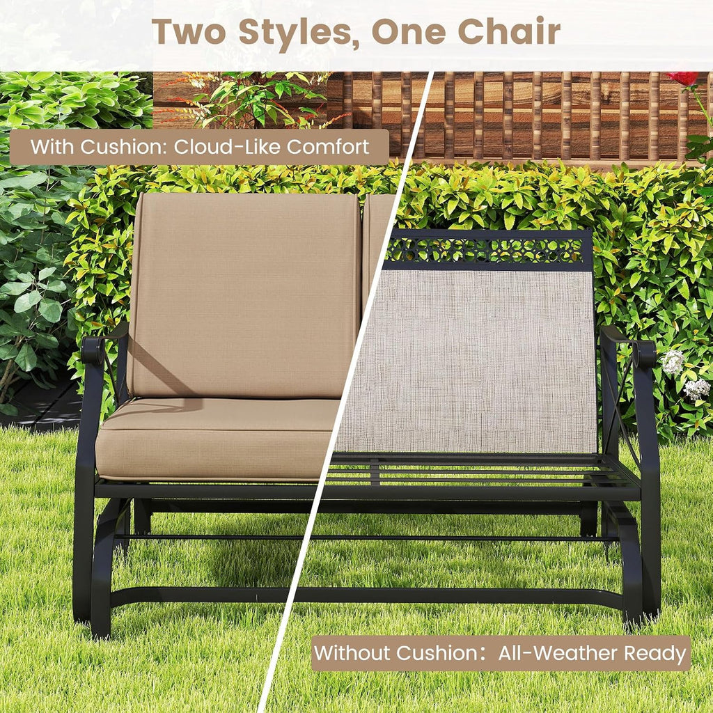 Patio Glider Bench, 2-Person Swing Gliding Loveseat with Breathable Fabric Seat & Soft Cushions, 660 LBS Metal Frame