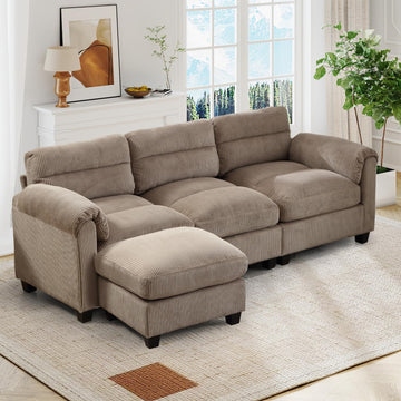 90" Wide Modular L Shaped Sofa Couch with Movable Ottoman, Convertible Corduroy Sectional Couches with Reversible