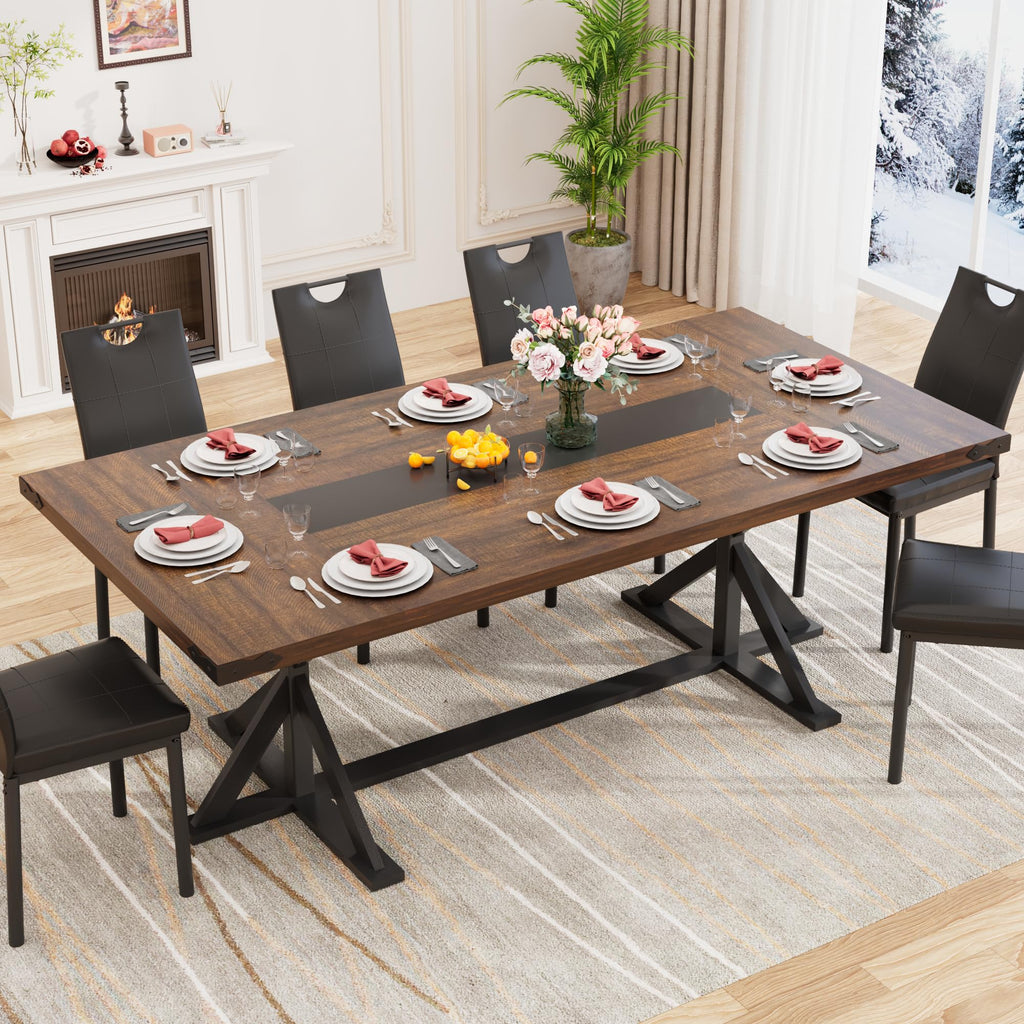 78" Farmhouse Dining Table for 6 8 People, Rectangular Wood Kitchen Dinner Table with Thick Waterproof Tabletop &