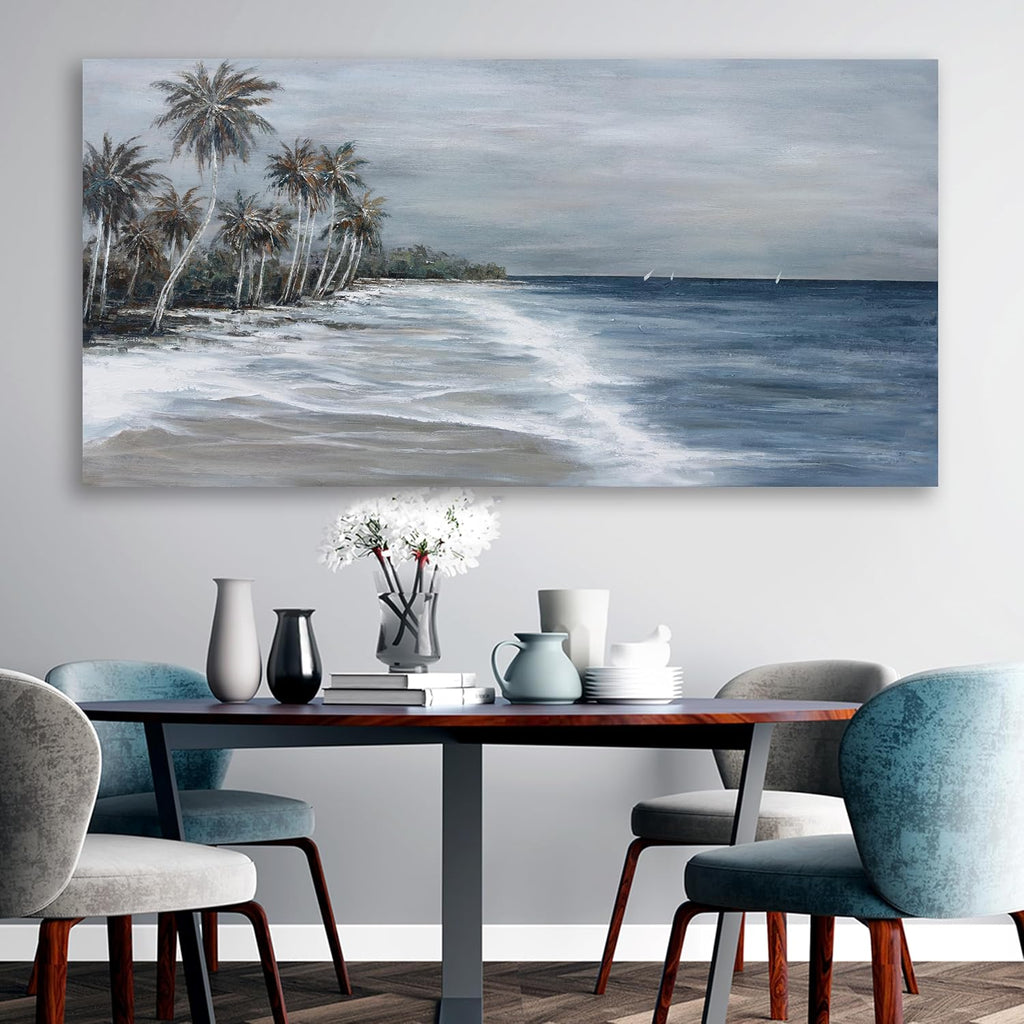 Coastal Wall Art Blue Gray Beach Wall Decor Landscape Abstract Canvas Painting Modern Ocean Artwork Framed Bedroom