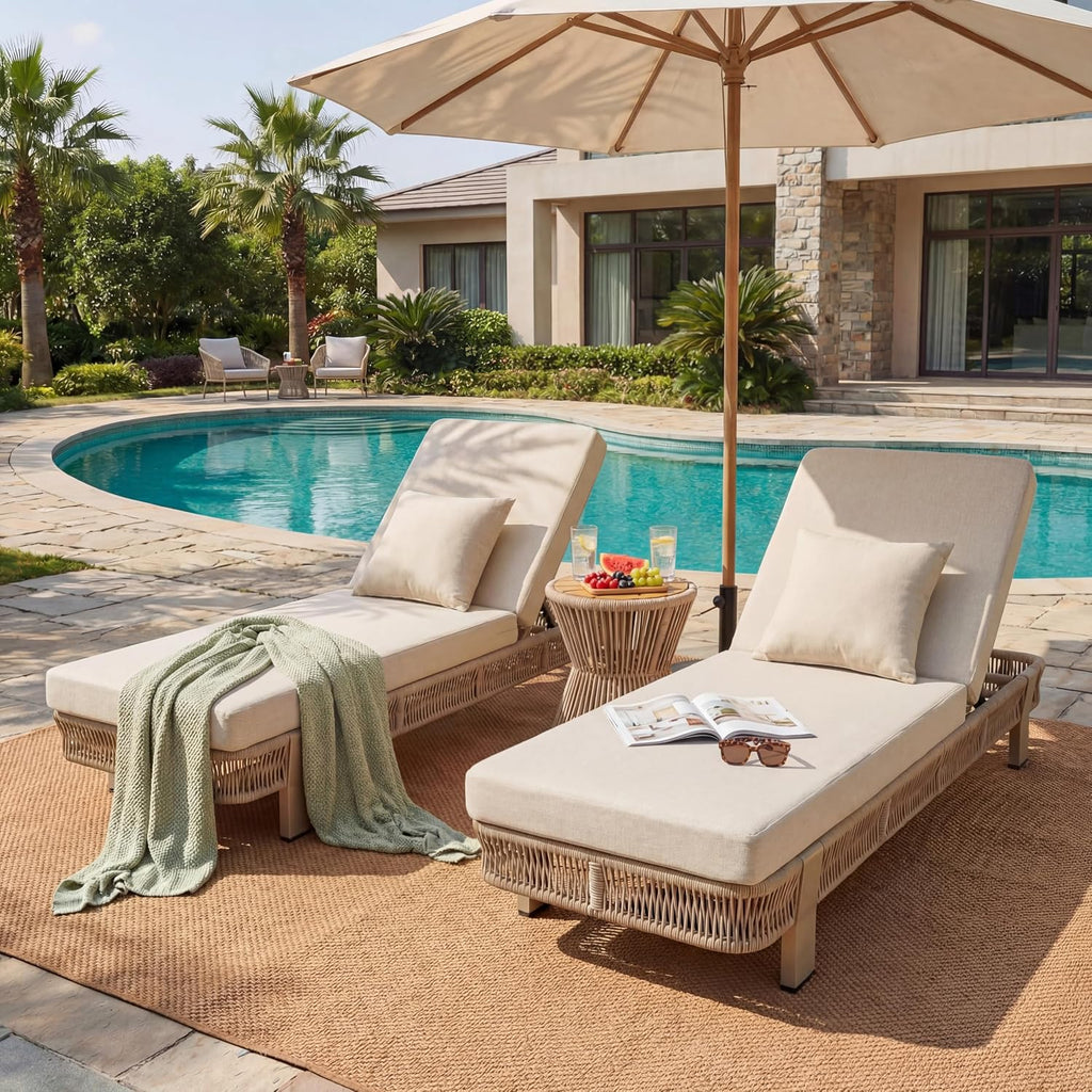 Outdoor Chaise Lounge Set of 2, Patio Outside Reclining Chairs | Metal & Rope Frame, 5-Position Adjustable Backrest