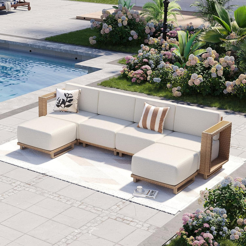 Patio Furniture Set, 6 Piece Outdoor Wicker Sofa, Yellow/Beige | All‐Weather Rattan Modular Sofa with 10''