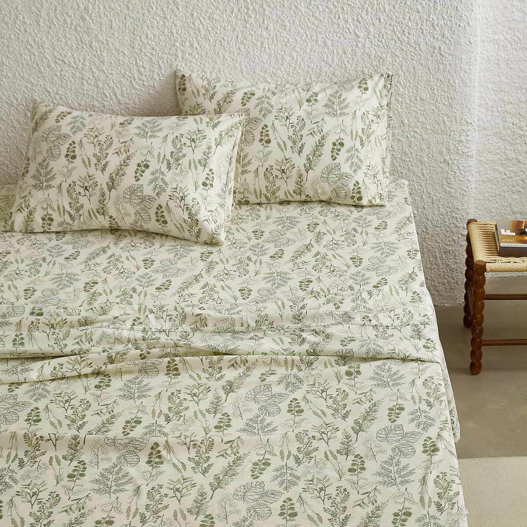 Botanical Bed Sheets, 4-Piece Sheet Set, Floral Shabby Chic Leaves Pattern Printed Coquette Vintage Aesthetic