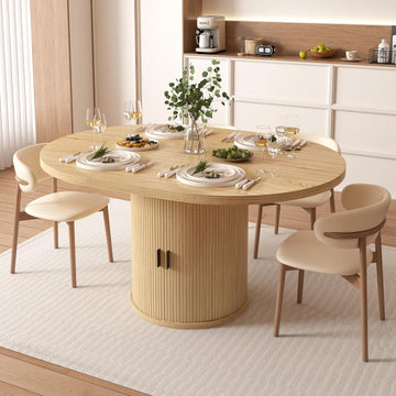 Extendable Dining Table 43-59" for 4-6 People, Solid Wood Top with Fluted Slide Door & 8-Compartment Storage, Space