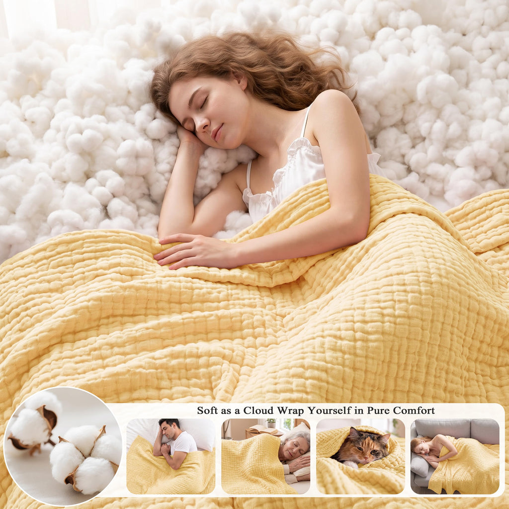 100% Cotton 6-Layer Muslin Throw Blanket, Yellow