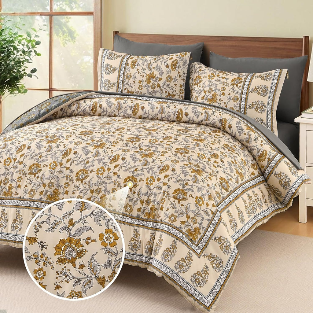 Boho Comforter Set,Beige Brown Bedding Paisley Floral 7 Piece Bed in a Bag Reversible Lightweight