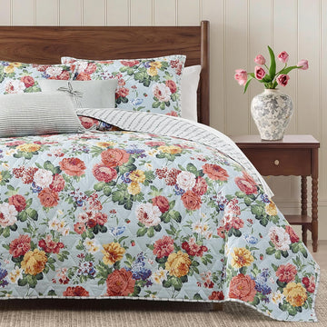 Floral Quilt Set, 3 Piece Reversible Lightweight Soft Bedspread Coverlet, Garden Farmhouse Botanical Diamond