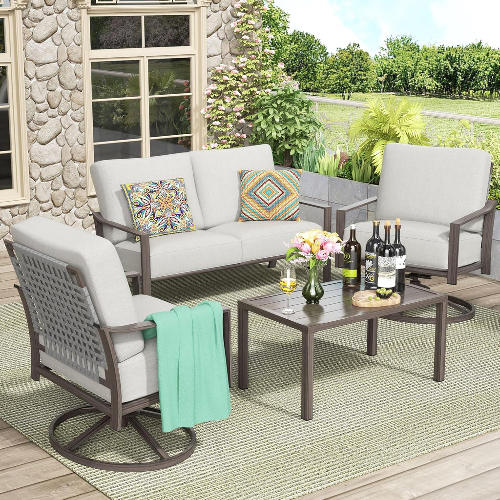 NATURAL EXPRESSIONS Patio Furniture Set,4 Piece Outdoor Conversation Metal Swivel Rocking Chairs Set with Hand-Woven