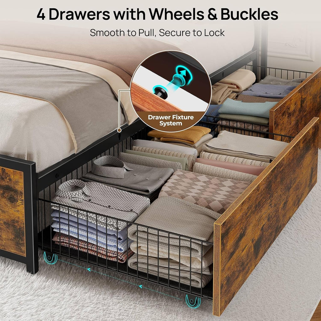 Full Bed Frame with 4 Storage Drawers, Charging Station and LED Lights