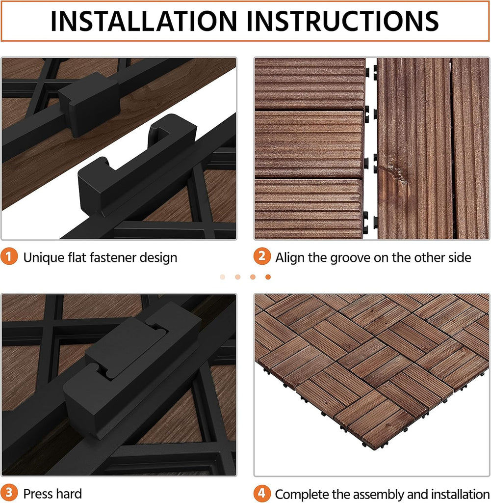 27PCS Wooden Decking Tiles 12 x 12in Hardwood Interlocking Patio Deck Tiles Composite Balcony Floor Covering for