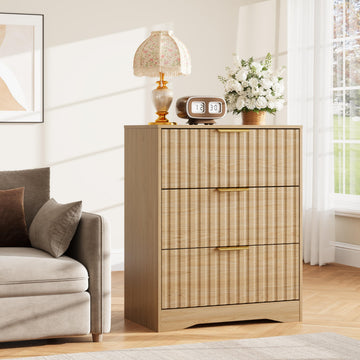 Fluted 3 Drawer Dresser, 30" Tall Modern Dressers, Natural Oak