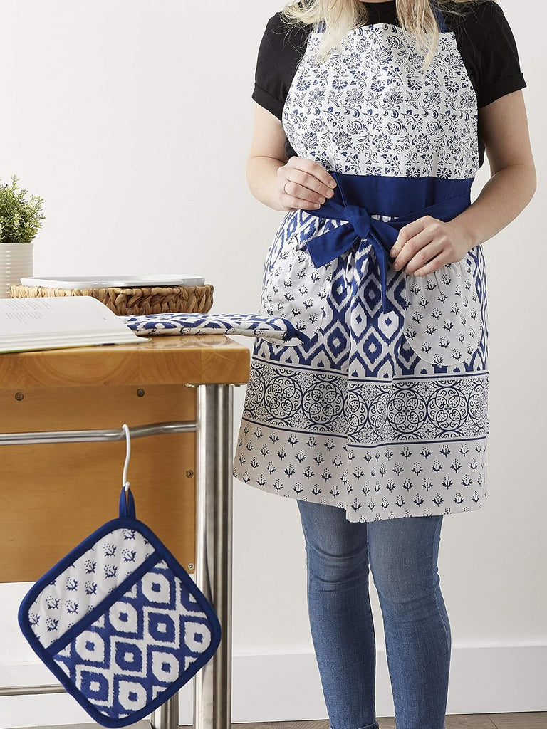 Kitchen Gift Set Collection, Apron, Pot Holder & Oven Mitt, Blue Market, 3 Piece