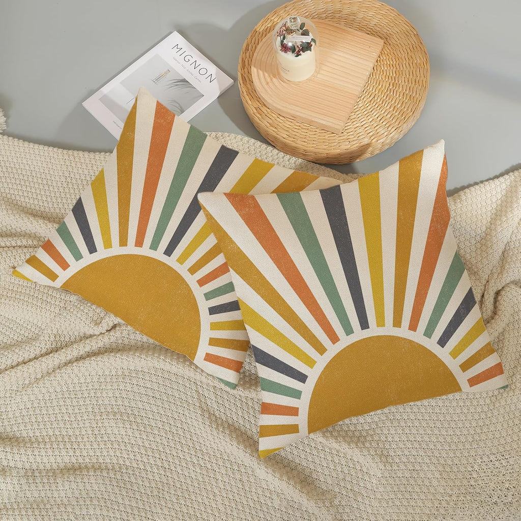 Summer Pillow Covers 18x18 Inch Set of 2, Stripes Yellow Sunshine Decorations Outdoor Throw Pillows Boho Summer