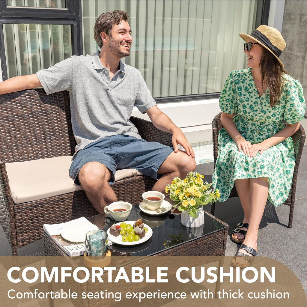 4 Pieces Outdoor Patio Furniture Set, PE Rattan Wicker Chairs Balcony Lawn Porch Patio Furniture Sets with Beige