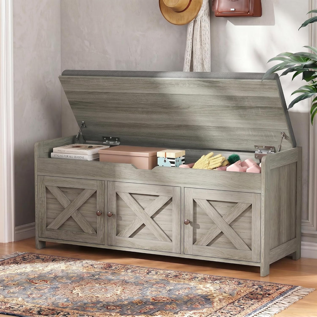 Shoe Storage Bench with Seating, Farmhouse Entryway Bench with Shoe Storage and Cushion, Under Window Benches Wooden