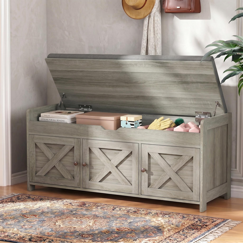 Shoe Storage Bench with Seating, Farmhouse Entryway Bench, Grey