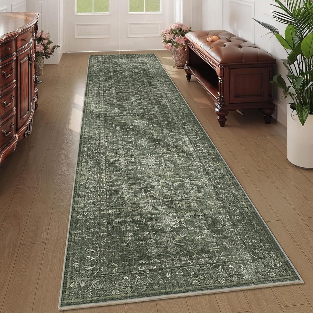 2x10 Hallway Washable Runner Rug Vintage Green Boho Extra Long Runners
