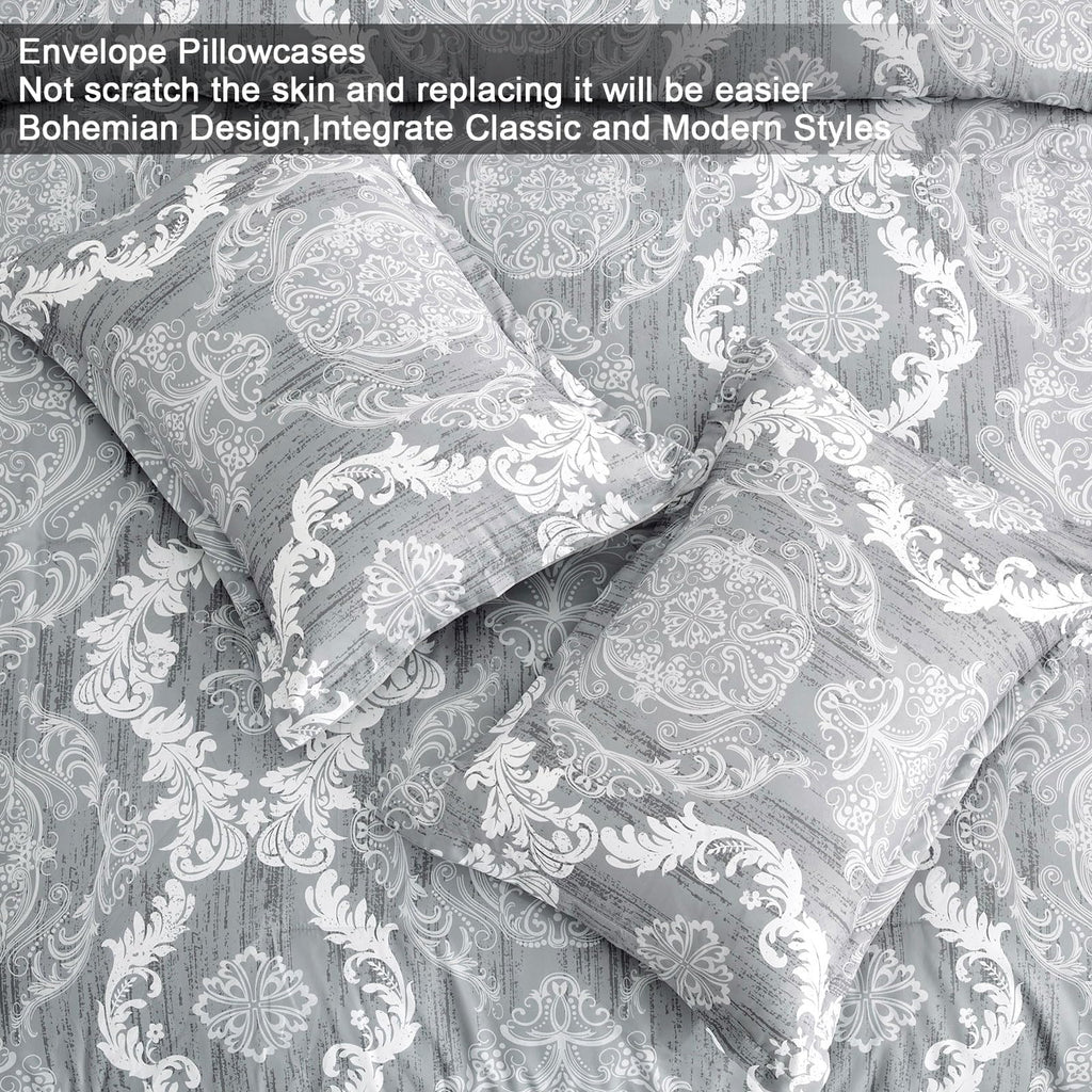 Grey Comforter Set Queen Size, Damask Texture 7 Pieces Gray Bed in a Bag Microfiber Boho Comforter Bedding Sheet Set