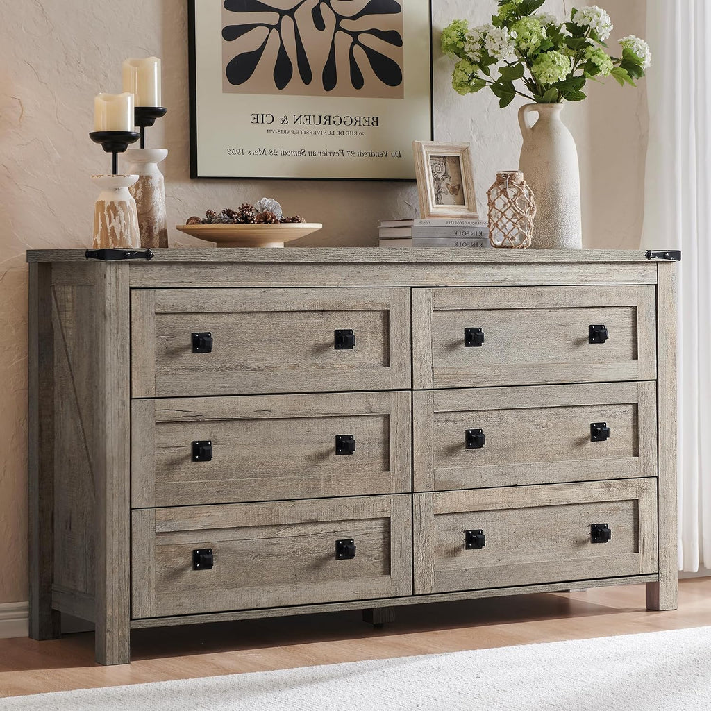 54" Wide Farmhouse 6-Drawer Dresser , Light Rustic Oak | Rustic, Wood Storage Cabinet, Metal Handle, Unique Corner