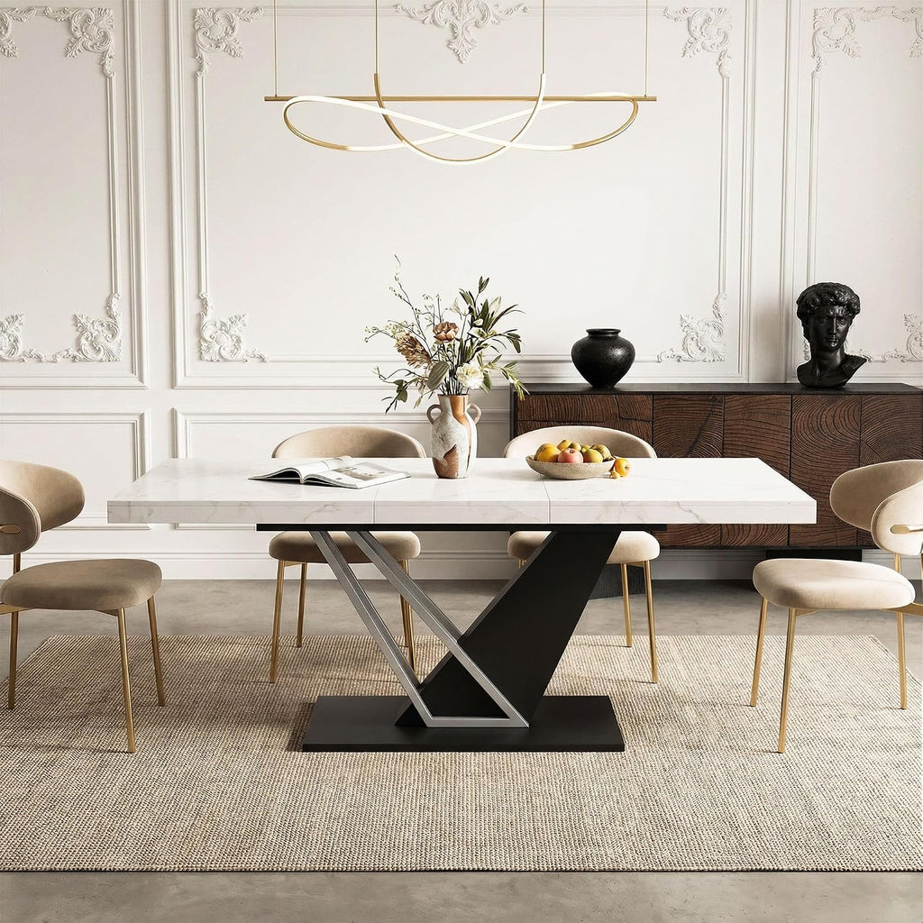 59'' to 78.7'' Extendable Dining Table for 4-8, Faux Marble Expandable Kitchen Table with Sturdy Metal Base