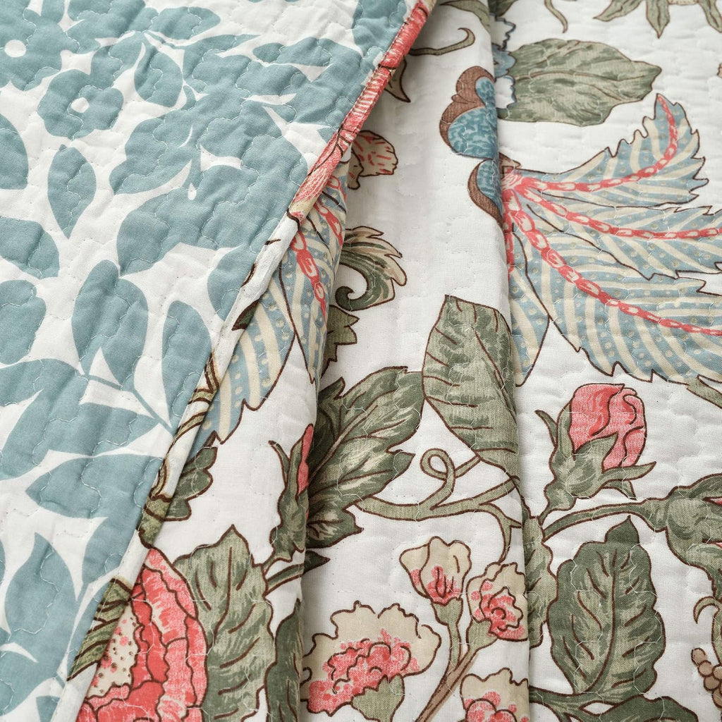 Reversible Cotton Quilt Set, 3 Piece Set, /, Green & Blue - Cotton Bedding Set - Blue Floral Quilt